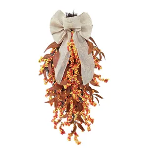 Autumn berry teardrop swag wreath with burlap bow for harvest front door decoration
