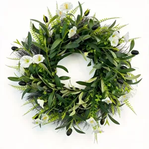 Detailed view of artificial olive wreath with white bellflowers for front door decor