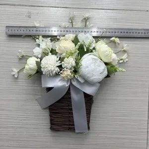 Artificial white peony and narcissus flower basket size measurement for door decor