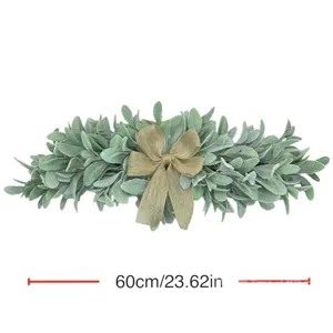 Detailed macro view of the 60cm decorative lamb's ear wreath with elegant gold bow