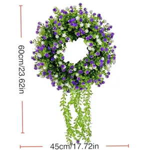 Measurement details of artificial hanging eucalyptus wreath with purple and white flowers