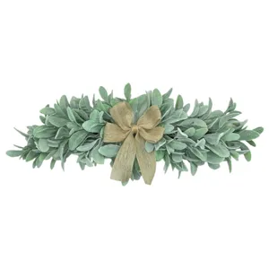 Detailed view of artificial lambs ear leaf wreath with a rustic golden burlap bow decor