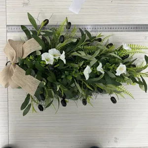 Detailed view of artificial olive teardrop wreath showing 50cm length measurement