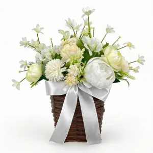 Artificial peony and narcissus flower basket with silver satin ribbon for door decoration
