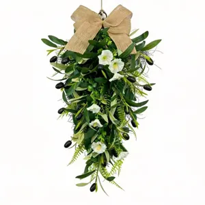 Artificial olive teardrop wreath with a large burlap bow and white morning glory