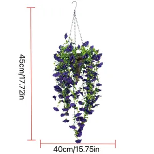 Detail view showing artificial purple morning glory hanging basket with 45x40cm dimensions