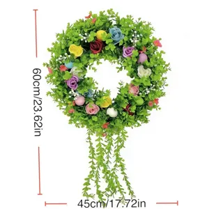 Detail view of artificial eucalyptus wreath with colorful roses and eggs, 60x45cm size