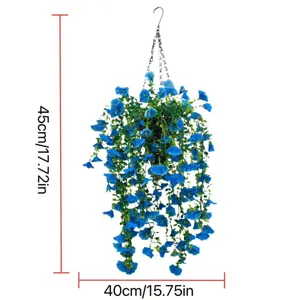 Detailed dimensions of the artificial blue morning glory hanging basket for garden decor.