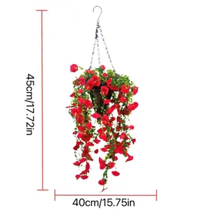 Detailed dimension view of artificial red morning glory hanging basket 45cm height