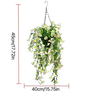 Artificial hanging petunia flower basket showing 45cm height and 40cm width dimensions