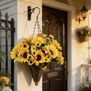 Artificial sunflower cone hanging basket shown as a vibrant outdoor wall decoration