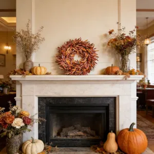 Autumn harvest wreath with artificial maple leaves and berries on a white fireplace mantel