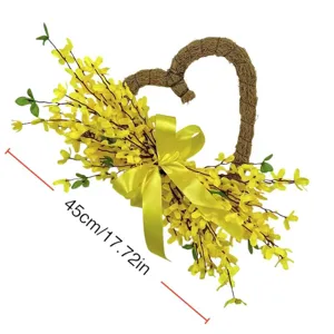 Detail view showing the 45cm dimensions of the artificial heart forsythia wreath