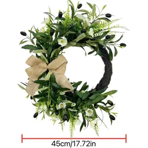 Artificial olive wreath with white flowers and burlap bow, 45cm diameter size detail