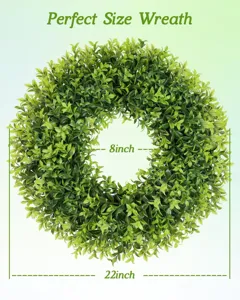 Macro view of 22-inch artificial boxwood wreath showing inner and outer diameter