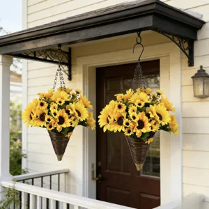 Artificial Sunflower Hanging Basket Wall Decor Silk Flowers With Plastic Woven Cone Basket Metal Chain For Home Garden Patio Decoration