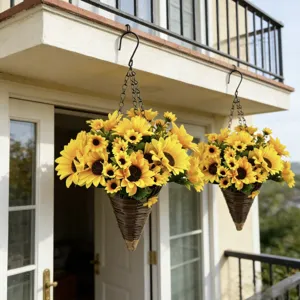 Lifelike artificial sunflowers in cone-shaped wicker hanging baskets on a sunny balcony