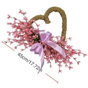 Artificial heart-shaped pink cherry blossom wreath with purple ribbon, 45cm diameter