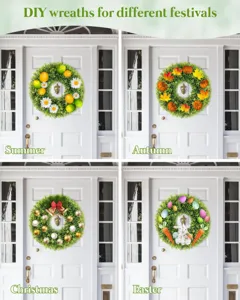 Four seasonal DIY boxwood wreaths for Summer Autumn Christmas and Easter door decor