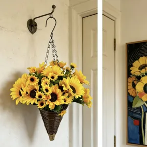 Vibrant artificial sunflower cone hanging basket in a rustic brown woven planter
