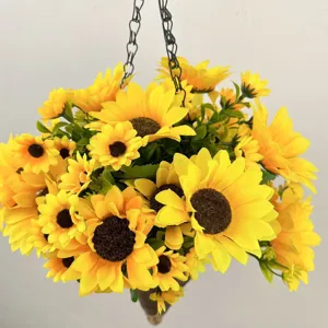 Macro detail of vibrant yellow artificial sunflowers in a hanging conical wall basket