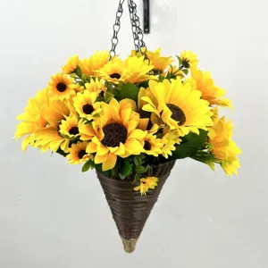 Detailed view of vibrant artificial sunflowers in a brown woven cone hanging basket