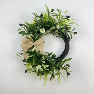 Lifelike artificial olive wreath with black fruit and burlap bow for home wall decor