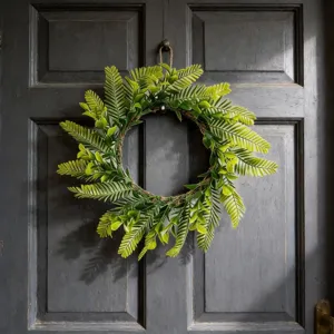 Handmade Artificial Persian Leaf Wreath Simulation Green Fern Door Hanging With Plaid Bow Decorative Garland For Wall Fireplace Spring Summer Home Decor