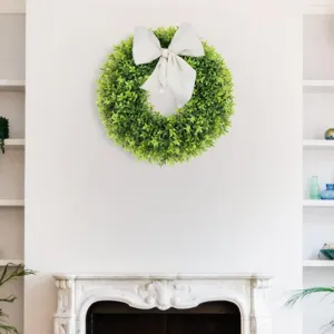 Spring artificial boxwood wreath with large white bow for front door home decoration