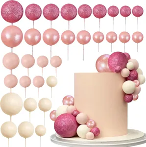 Pink Plastic Cake Topper Balls With Glitter Matte Pearlescent Finishes For Birthday Party Cupcake Decoration Elegant Style