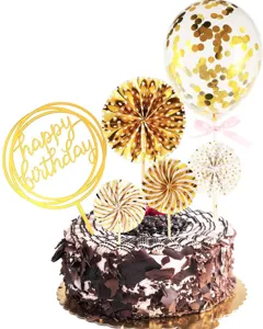 Goldene Glitzerballon-Kuchendekoration mit Happy Birthday-Schild Set