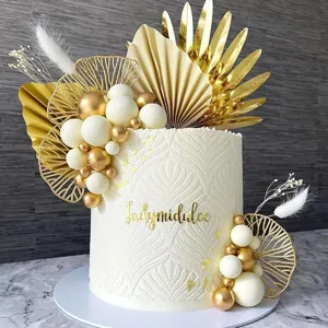 Bohemian Cake Toppers Set Champagne Gold Palm Leaf Paper Fan White Gold Balls Birthday Party Cake Decoration