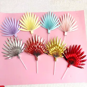 Colorful fan cake toppers for birthday party baking decoration, cute paper leaf inserts set.