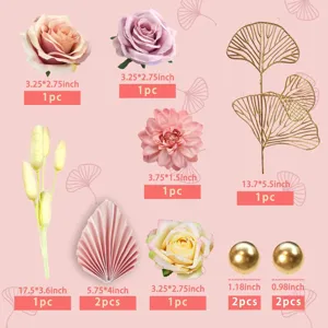 Set de topper para pastel boho con flores artificiales hojas y bolas para fiesta
