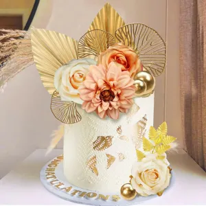 Set de Adorno para Tarta de Hoja de Palma Floral Bohemia Oro Rosa Crisantemo Estilo Ins Inserto de Tarta para Suministros de Fiesta de Cumpleaños de Boda