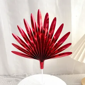 Red fan-shaped cake topper palm leaf paper baking decoration for birthday party celebration