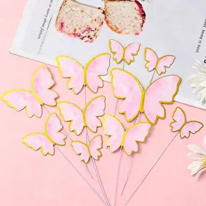 Romantic pink and gold butterfly cake toppers for birthday party dessert decoration