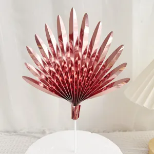 Rose gold paper fan cake topper for birthday party baking decoration, elegant fan leaf design.