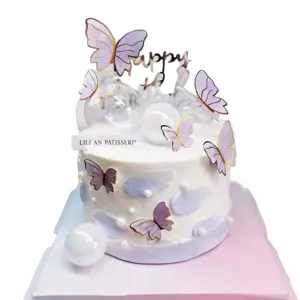 Topper per torta a bolle iridescenti con decorazioni a farfalla viola per compleanni