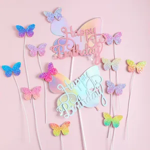Butterfly Cake Topper Happy Birthday Decoration Glitter Cardboard Topper For Girl Birthday Party Dessert Decor