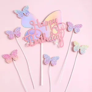 Iridescent Happy Birthday butterfly cake topper set with six glitter butterfly picks