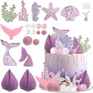 Mermaid Cake Topper Shell Starfish Tail Cupcake Decorations Ocean Theme Party Supplies Dessert Table Decor