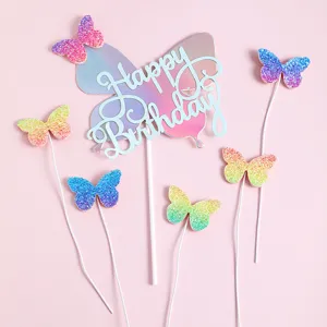 Sparkling iridescent butterfly cake topper set with Happy Birthday sign for birthday party decor