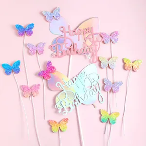 Iridescent butterfly cake toppers set with Happy Birthday sign for party decoration