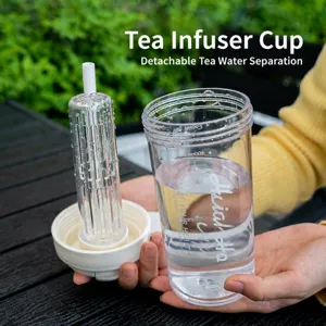 Portable plastic water bottle with tea infuser and straw for outdoor sports and daily use.