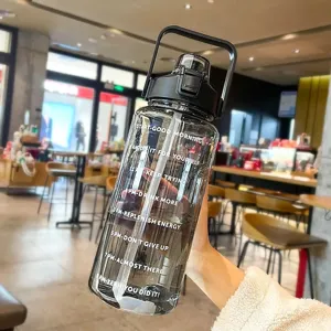 Large capacity plastic water bottle with straw and time marker, 2L portable sports fitness cup.