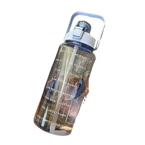 Large capacity 2L motivational water bottle with time marker, straw and portable handle for sports.