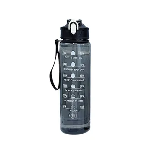 Grey gradient 2000ml sports water bottle with time markers, motivational quotes and handle