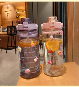 Large capacity sport water bottle with straw time marker cute 3D stickers portable plastic cup