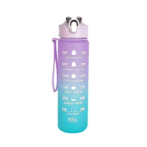 Botella de agua deportiva de plástico degradado con marcas de tiempo, correa y pajita.
